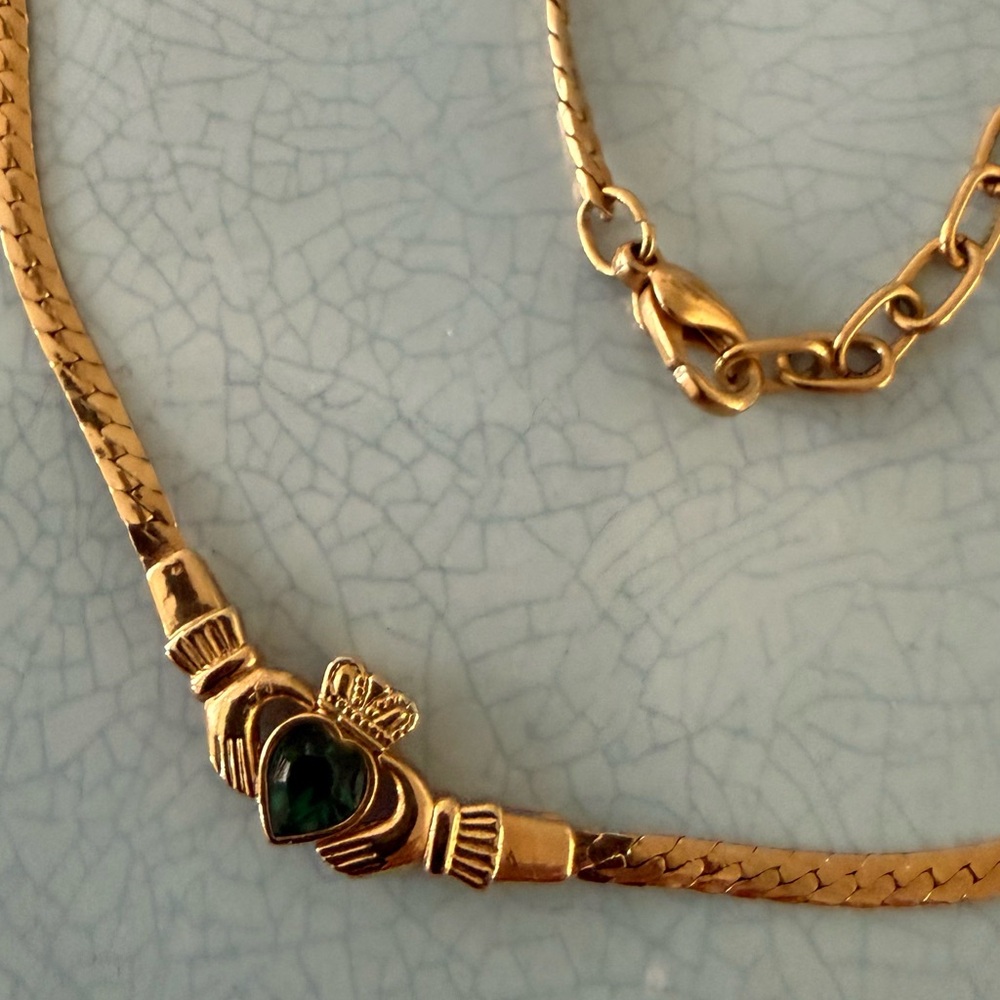 Gold Plated Claddagh Necklace with Green Heart Accent